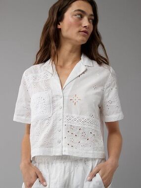 AE Cropped Eyelet Crochet Camp Button-Up Shirt Cotton XS